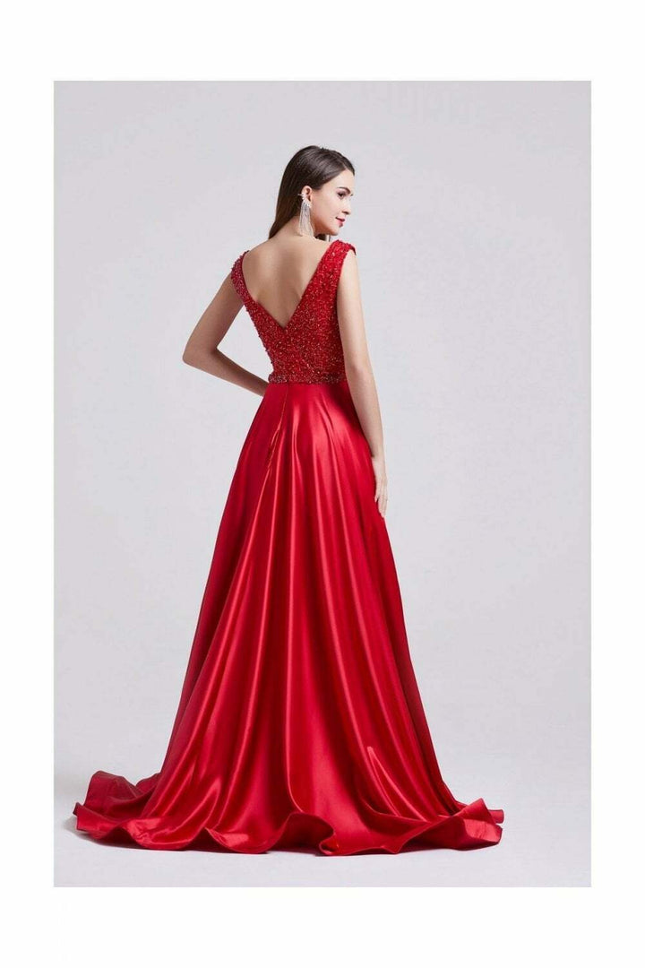 Red Sequinned Bust Maxi Deep V-Neck Dress - Back View