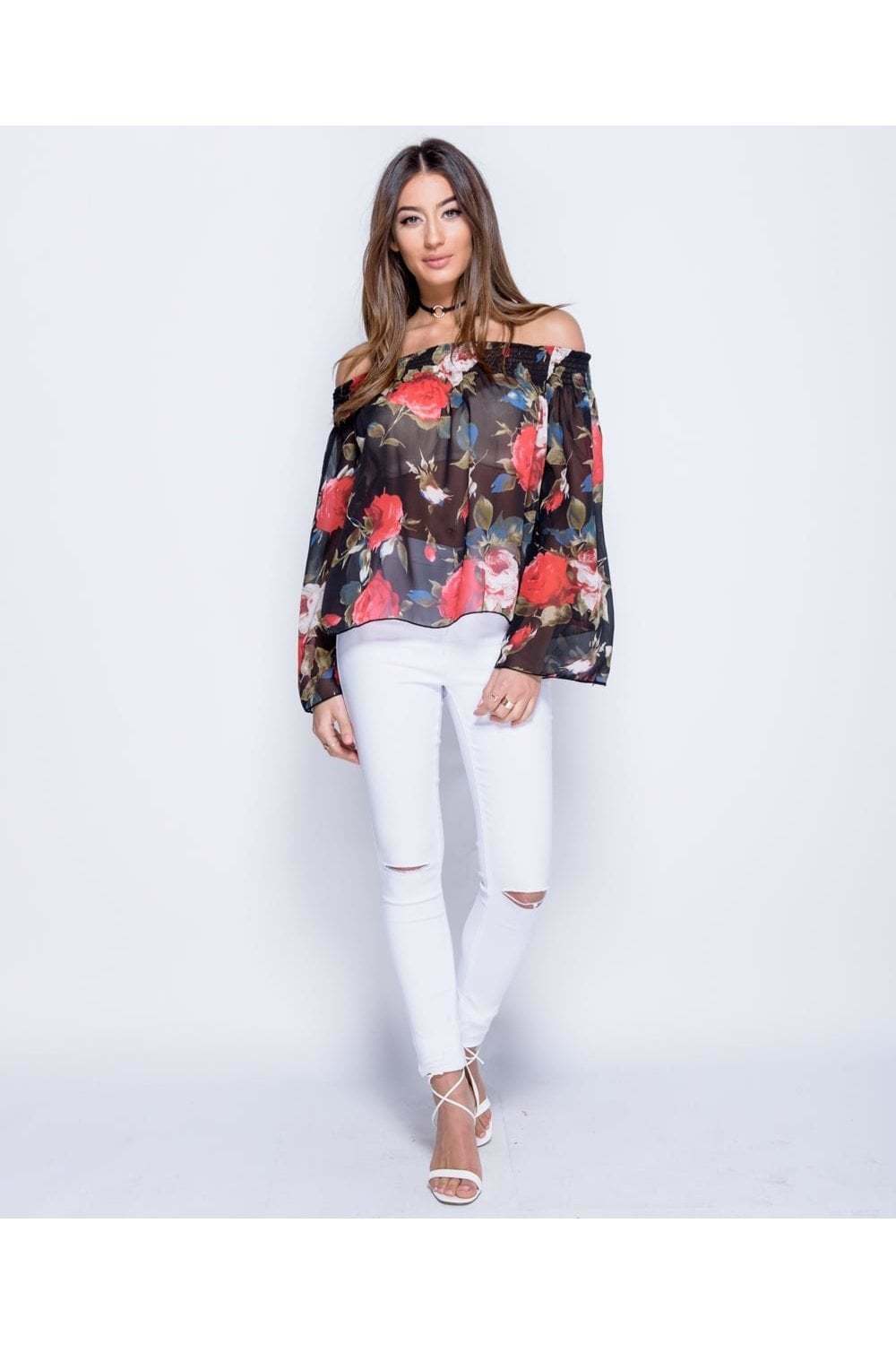 Rose Print Flare Sleeve Bardot Top in Black - Full Front View