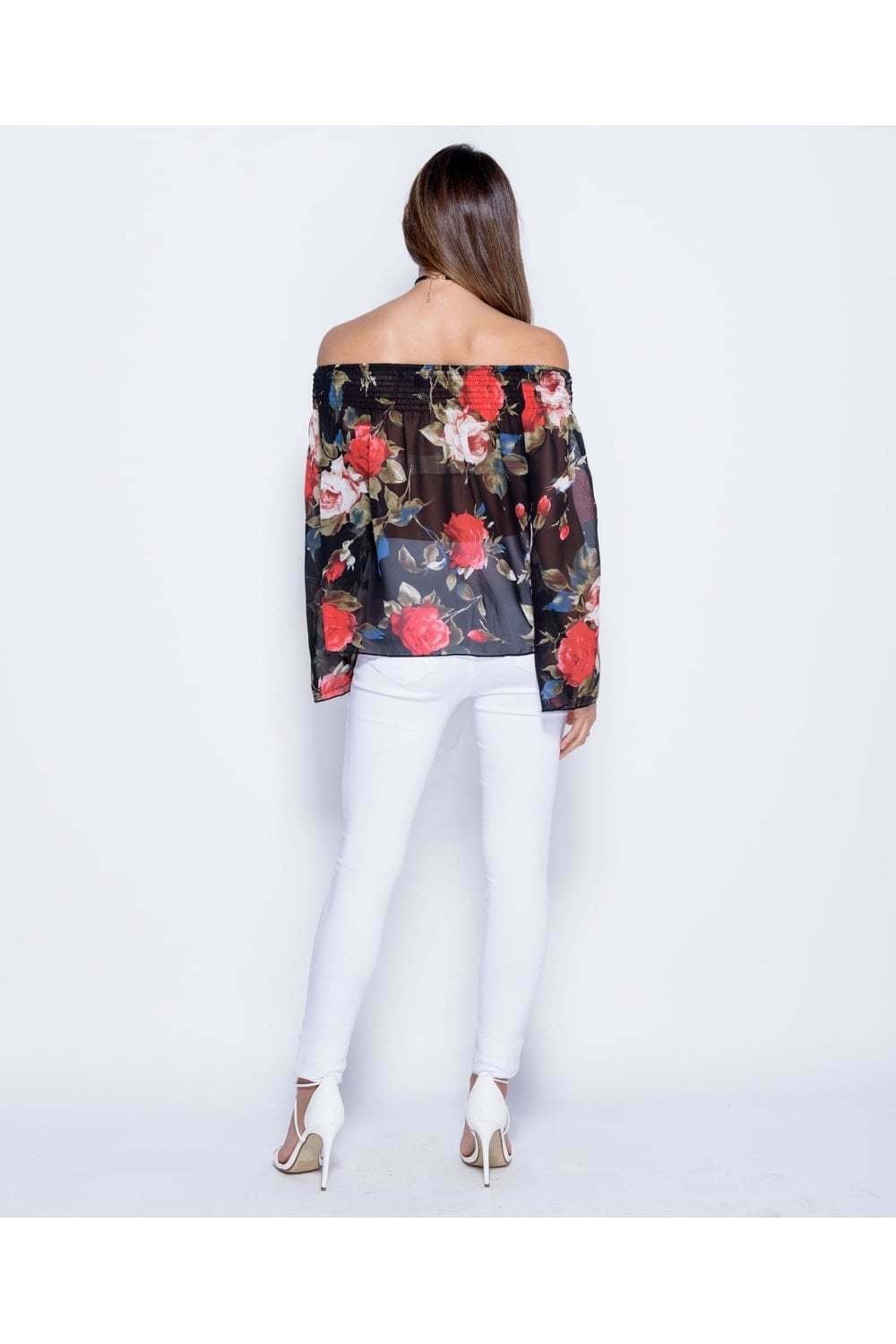 Rose Print Flare Sleeve Bardot Top in Black - Full Back View