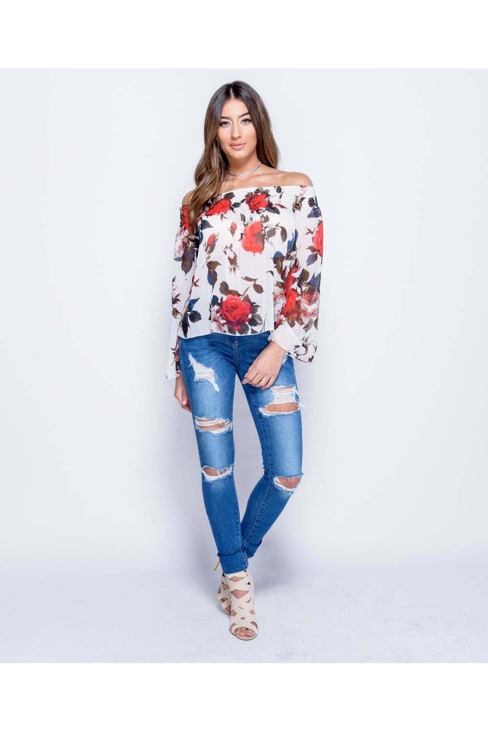 Rose Print Flare Sleeve Bardot Top in White - Full Front View
