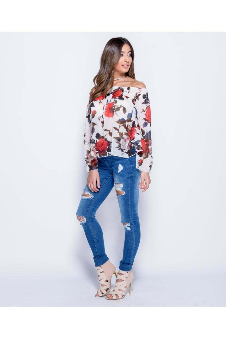Rose Print Flare Sleeve Bardot Top in White - Full Side View