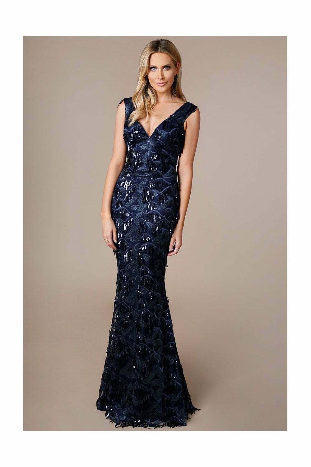 Navy Stephanie Pratt Sequin Fringed Maxi Dress Front View