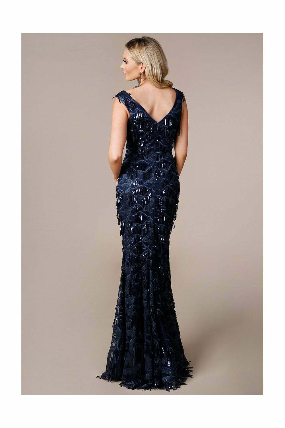 Navy Stephanie Pratt Sequin Fringed Maxi Dress Back View