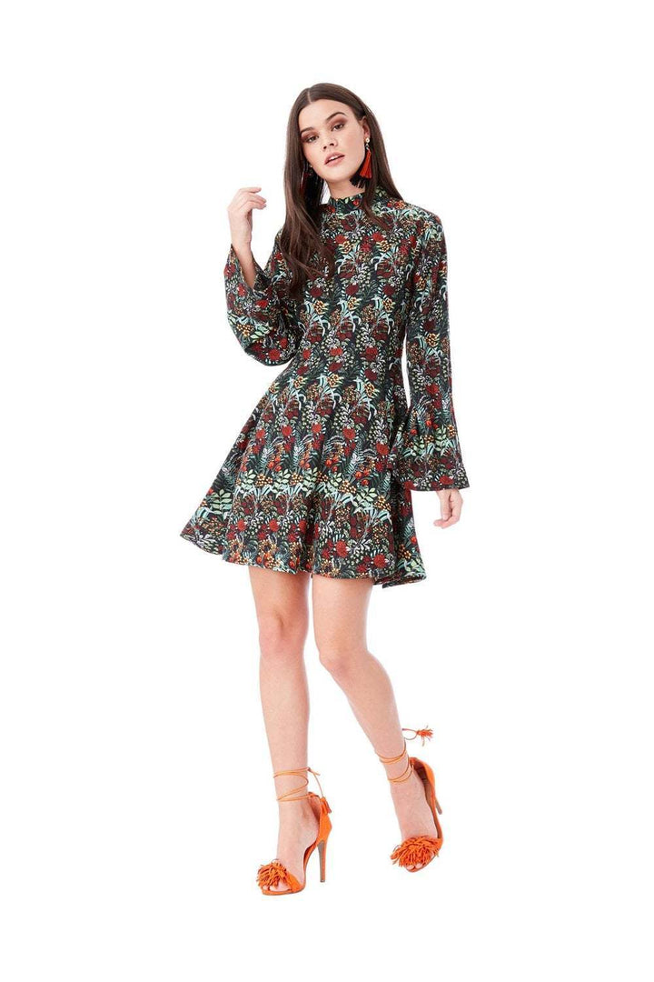 Floral Print Smock Mini Dress With High Neck - Front View