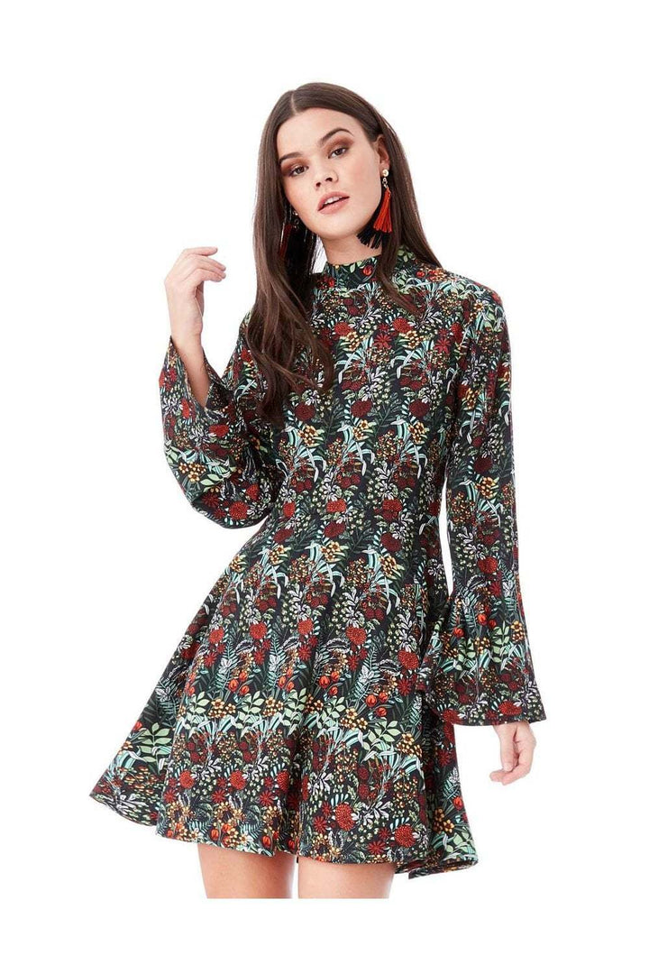 Floral Print Smock Mini Dress With High Neck - Close Up View