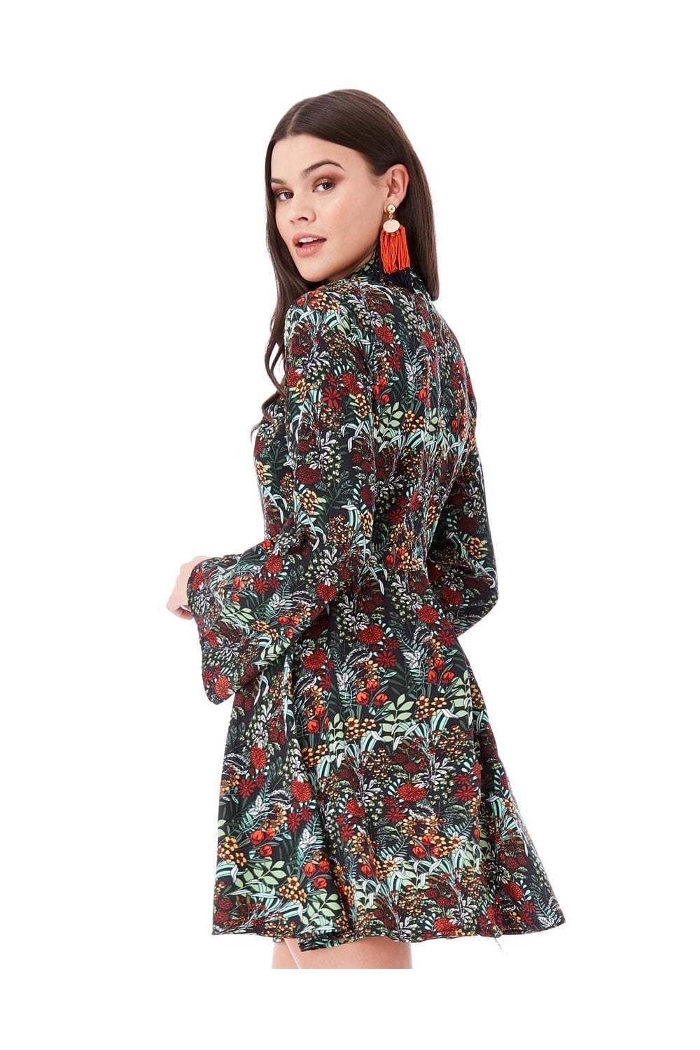Floral Print Smock Mini Dress With High Neck - Back View