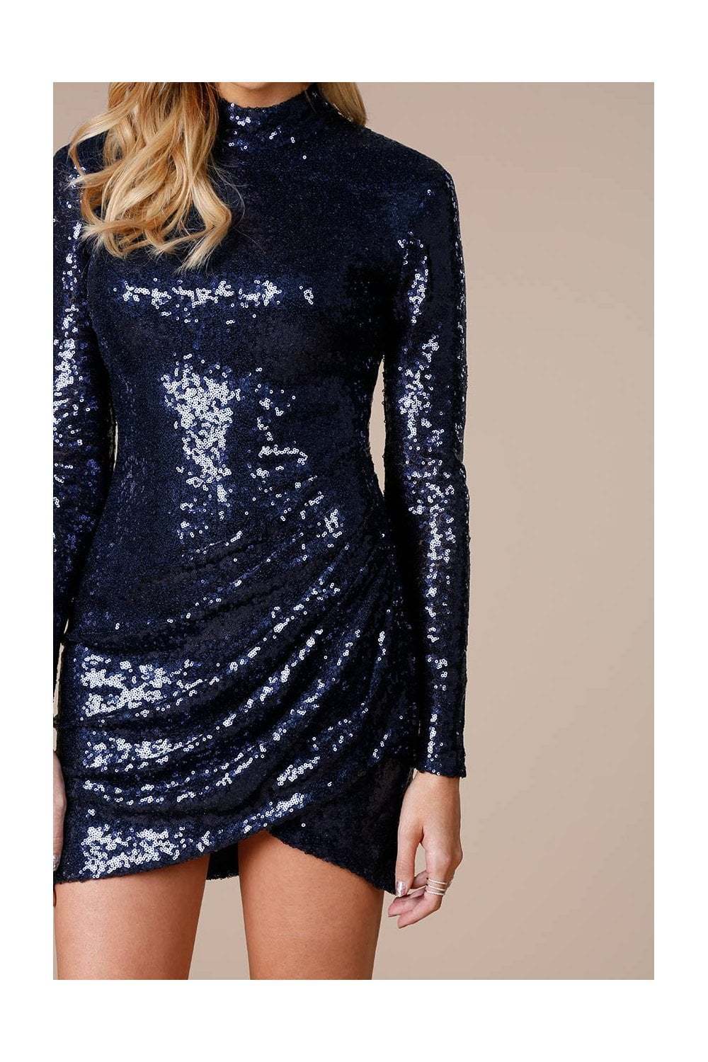 Stephanie Pratt Sequin Long Sleeve Mini Dress - Navy Close Up View