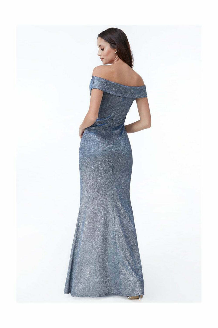 Off-Shoulder Winterblue Side Slit Maxi Dress - Back View