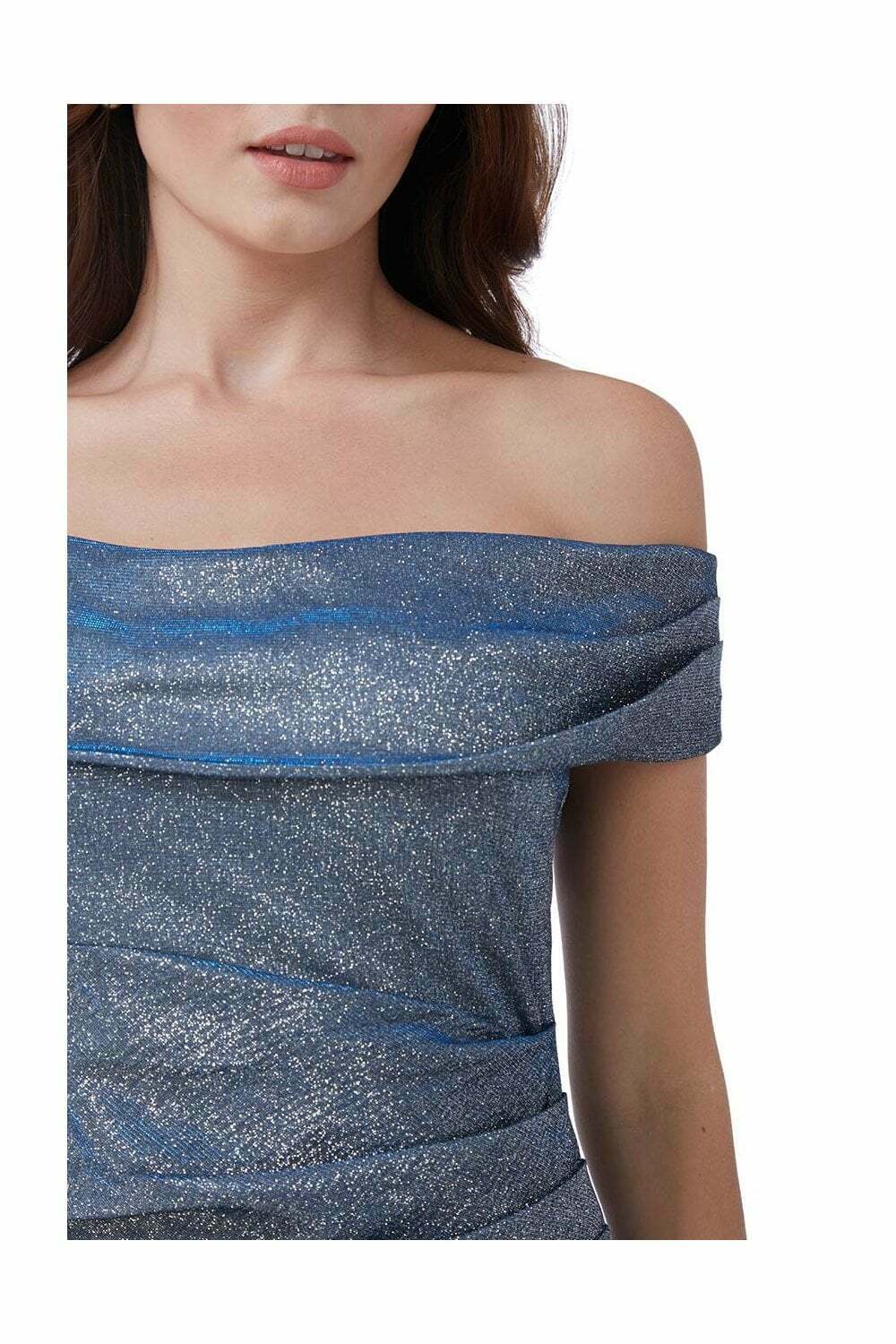 Off-Shoulder Winterblue Side Slit Maxi Dress - Close Up View