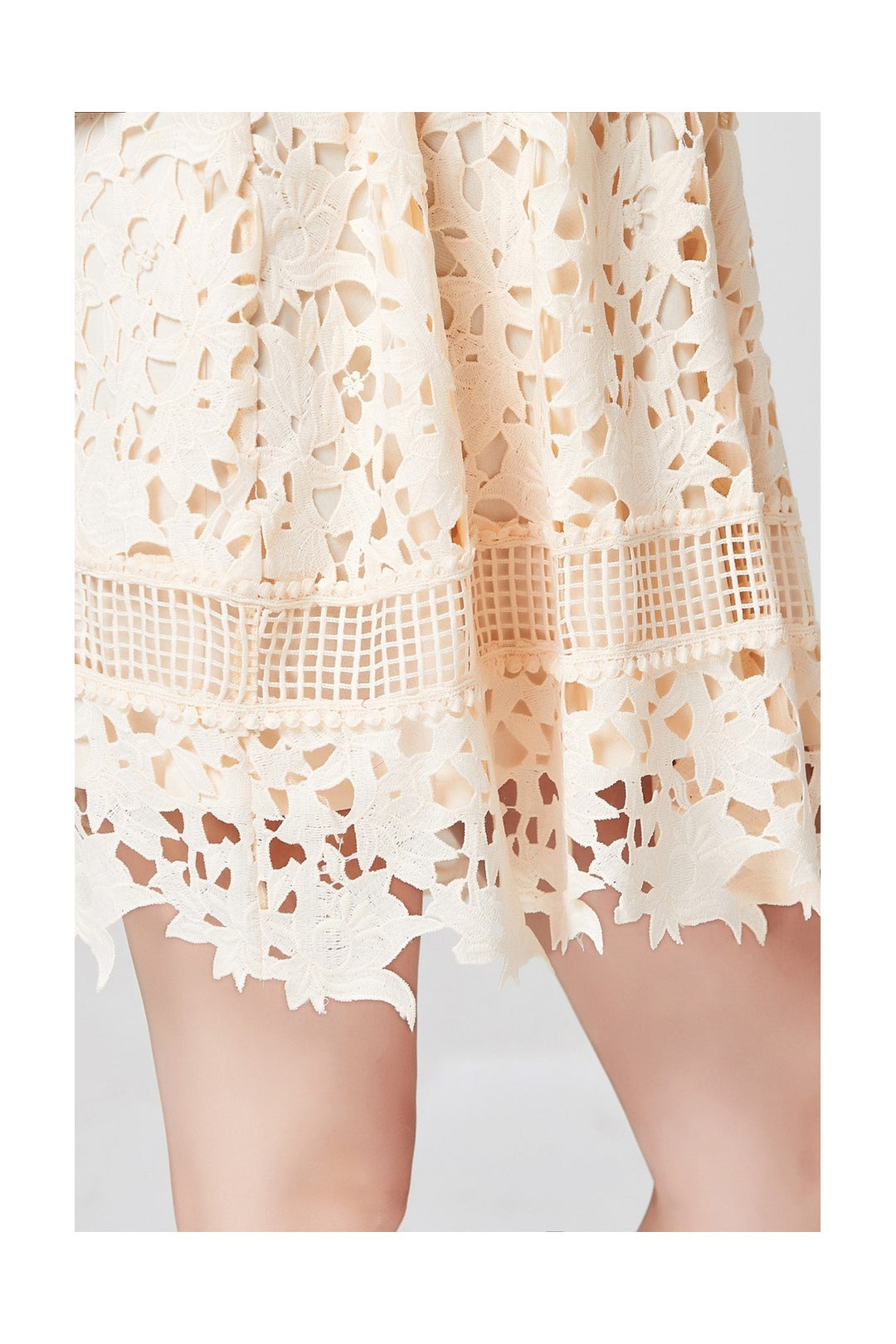 Beige Mini Lace Cutout Dress - Close Skirt View