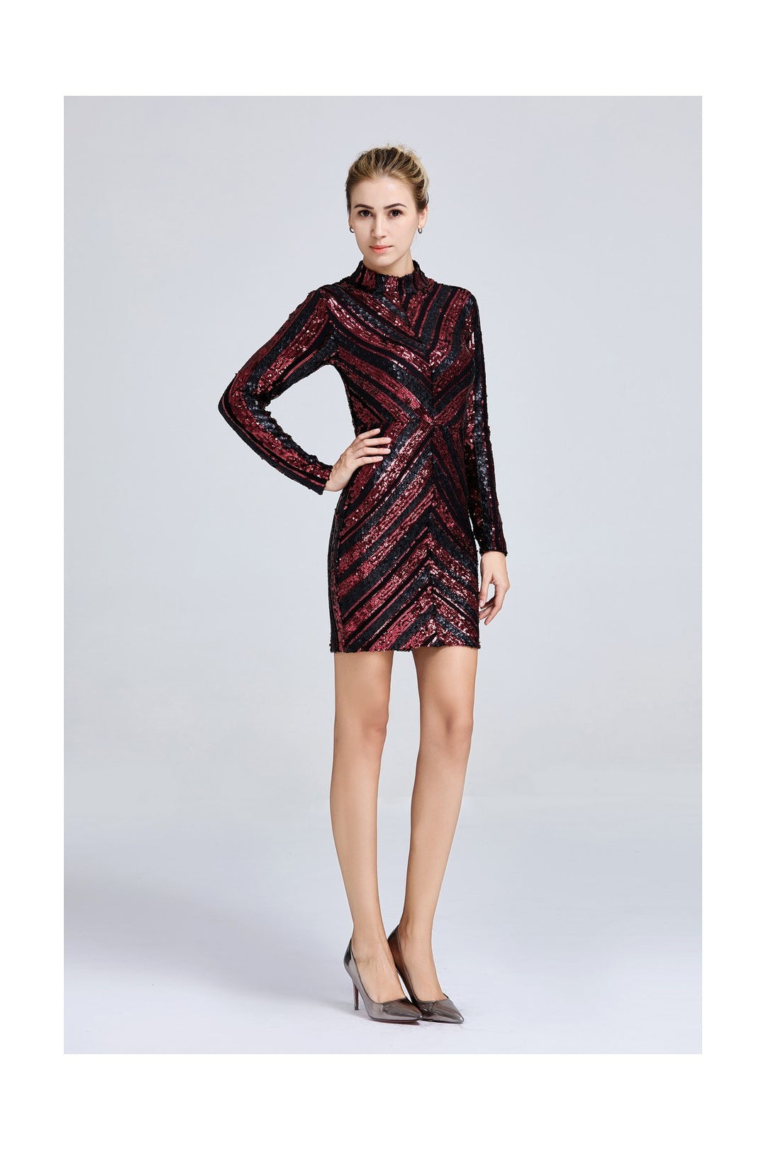 Black & Red Two-tone Mini Bodycon Sequin Dress - Front View