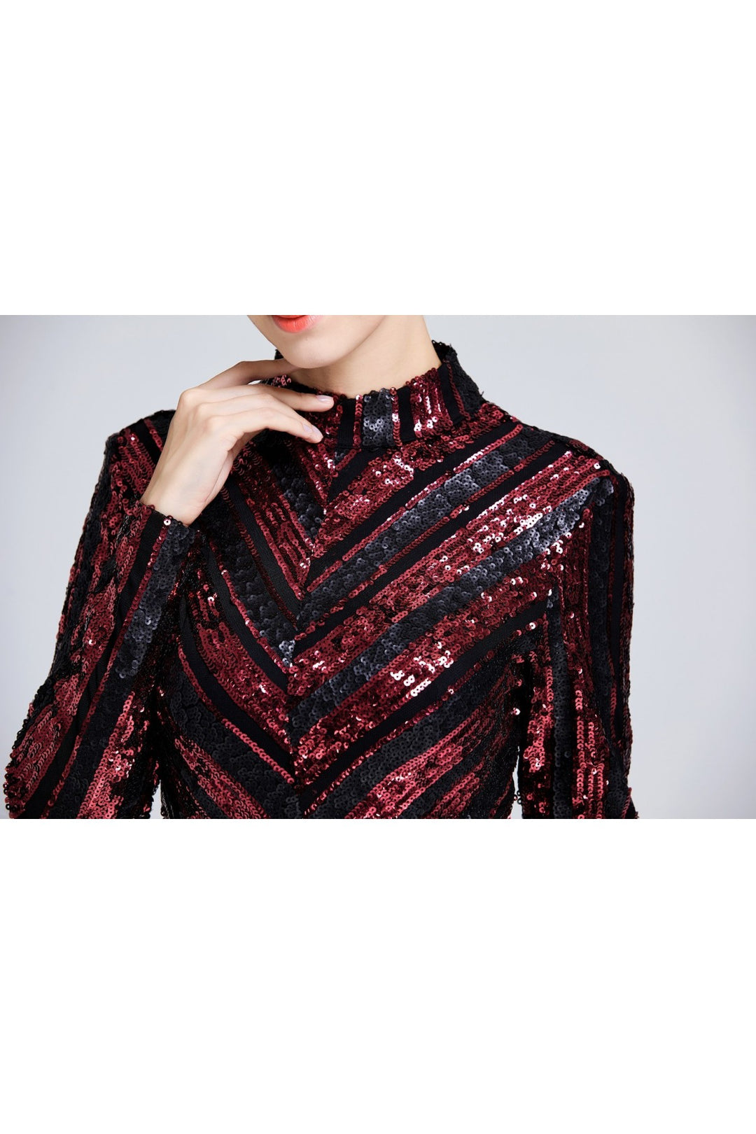 Black & Red Two-tone Mini Bodycon Sequin Dress - Close Up View