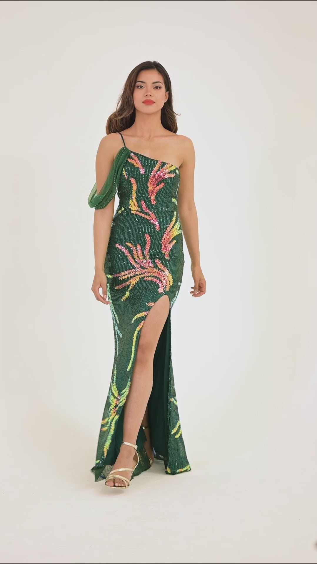 Emerald Green Sequin Embroidered Side Split Maxi Dress