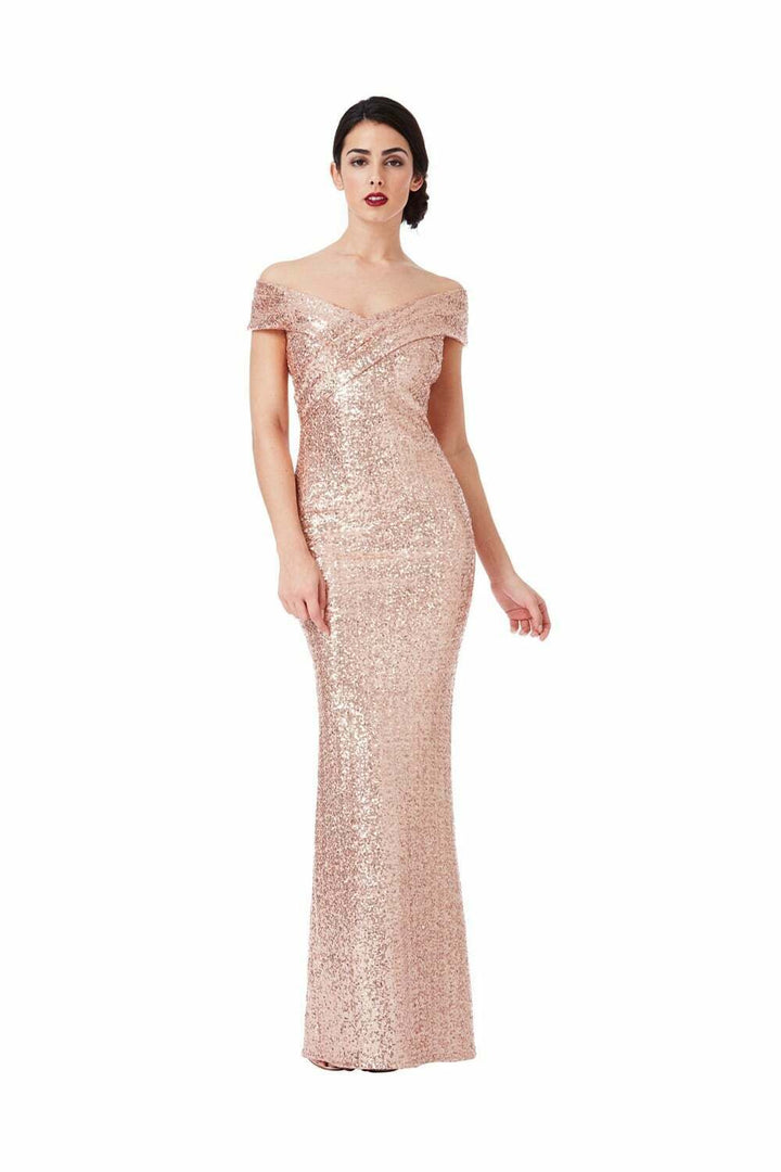 Pleated Neckline Sequin Maxi Dress in Champagne - Front View