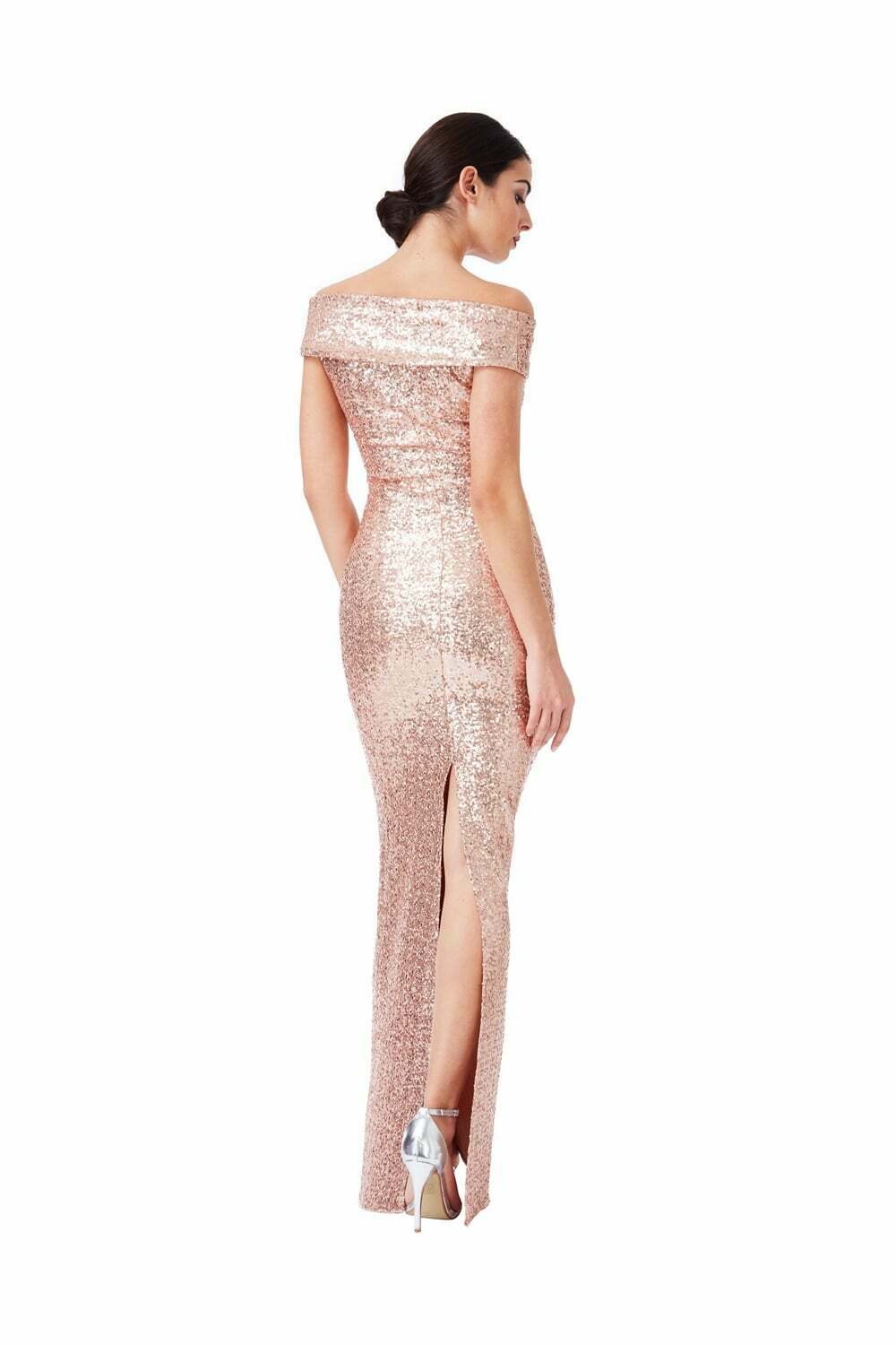 Pleated Neckline Sequin Maxi Dress in Champagne - Back View