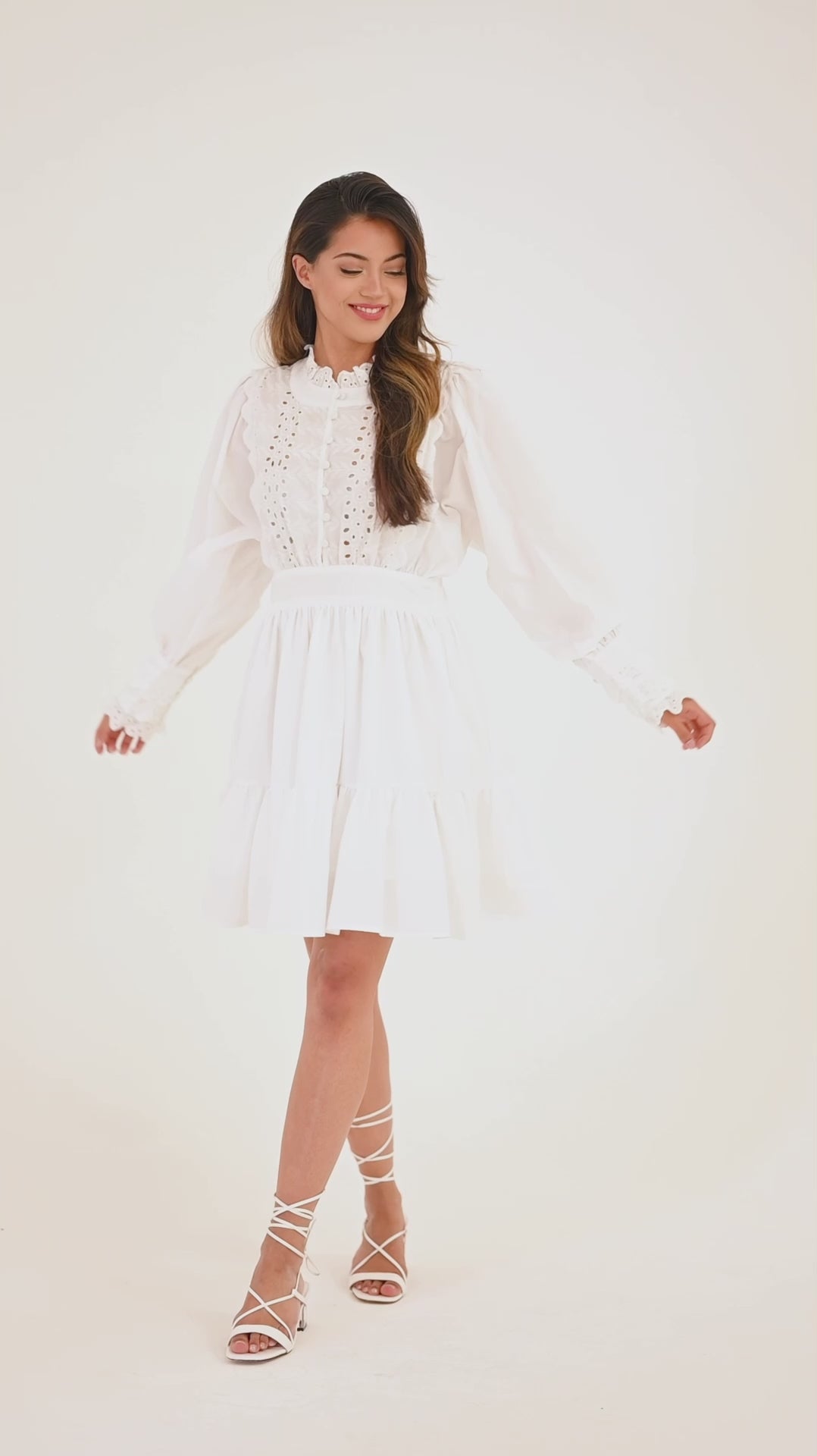 White Embroidered Ruffle Mini Dress