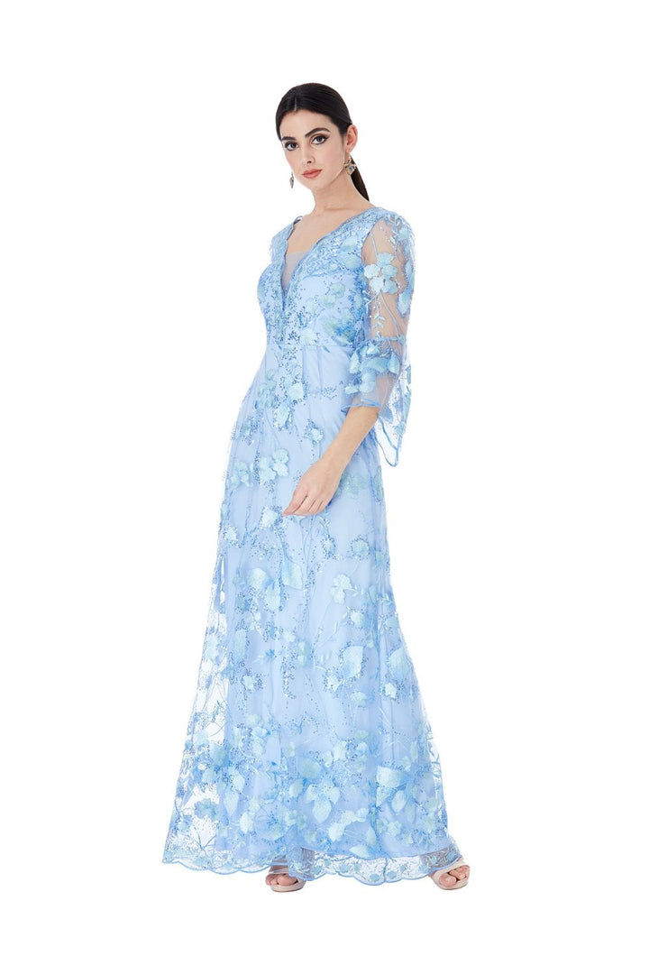 Embroidered Tulle Maxi Dress With Flared Sleeves - Blue Full Front View