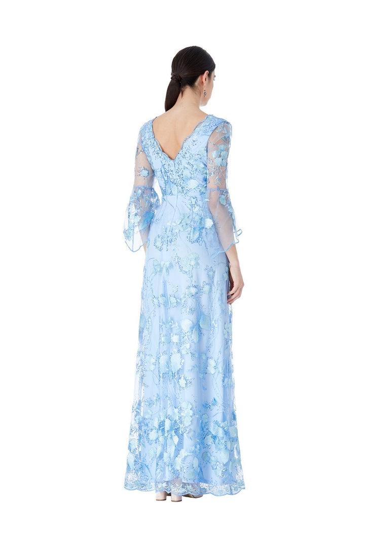 Embroidered Tulle Maxi Dress With Flared Sleeves - Blue Full Back View