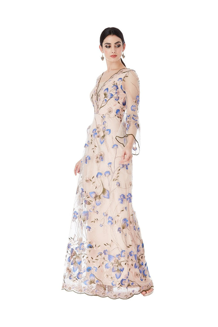 Embroidered Tulle Maxi Dress With Flared Sleeves - Nude Front View