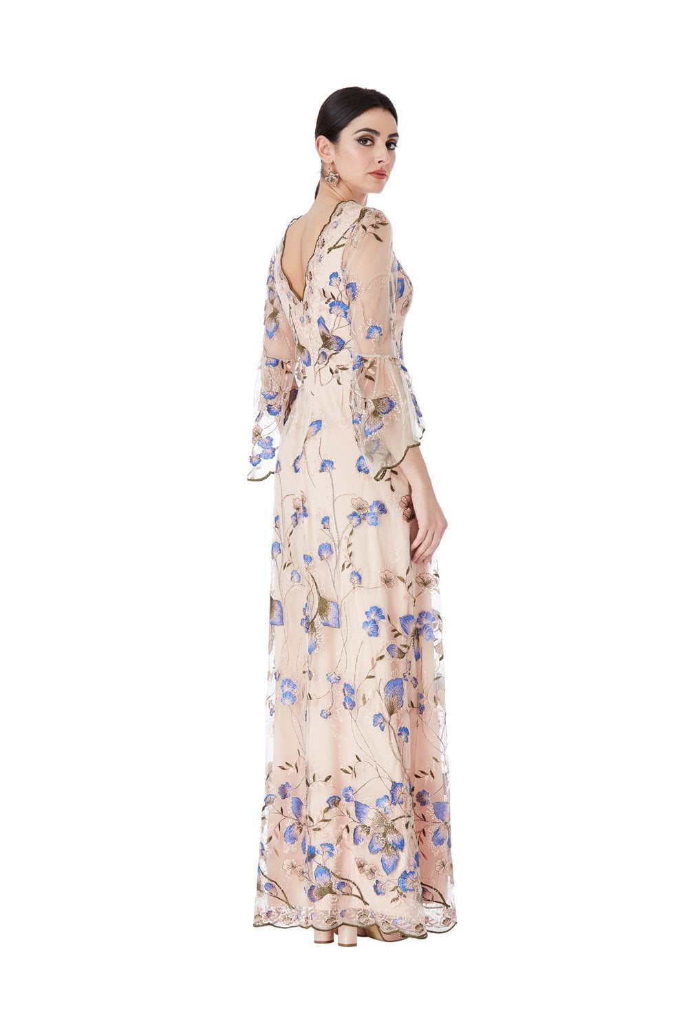 Embroidered Tulle Maxi Dress With Flared Sleeves - Nude Back View