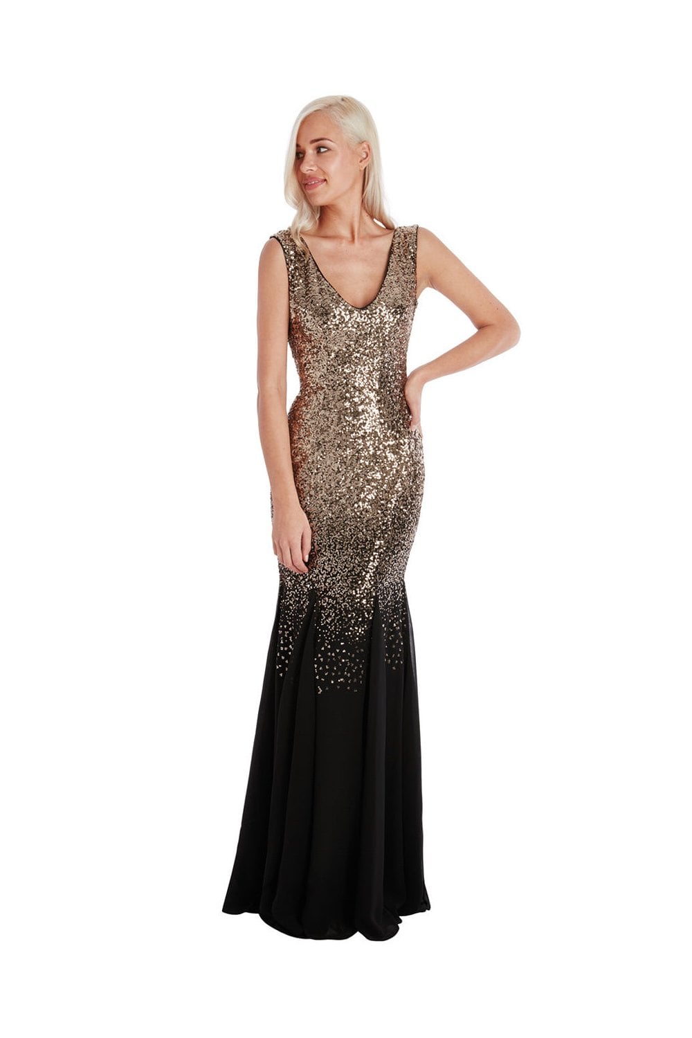 Gold Black Sequin Maxi Party Prom Dress with Chiffon Inserts