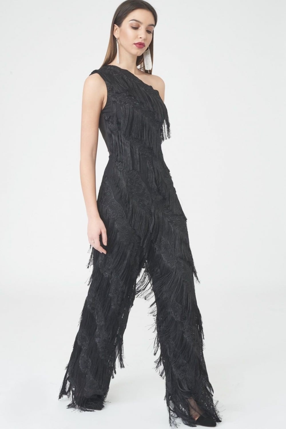 The Black Fringed Lace Jumpsuit - Full Side View