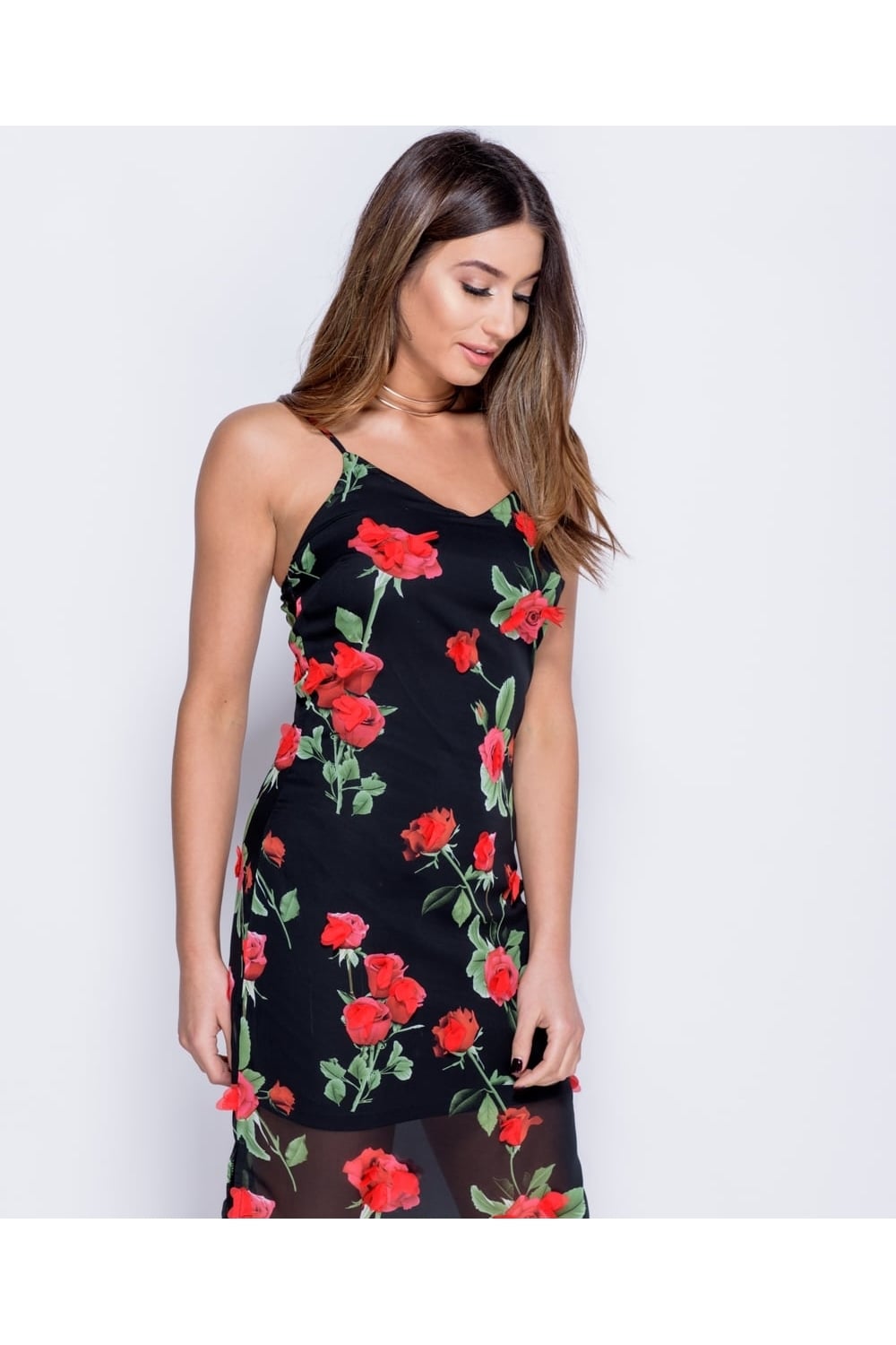 3D Rose Floral Sleeveless Maxi Dress in Black - Close Side View