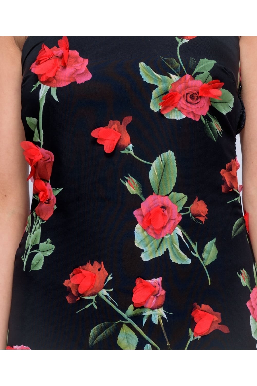 3D Rose Floral Sleeveless Maxi Dress in Black - Close Up Material View