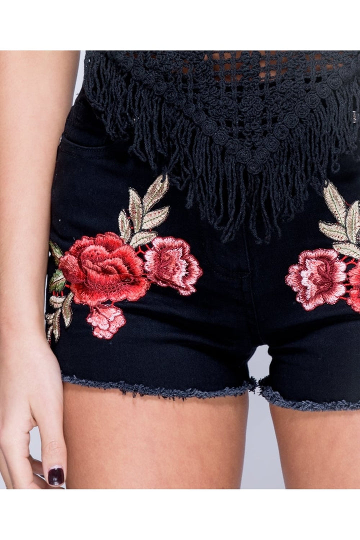 Floral Embroidered Denim Hotpants in Black - Close up view