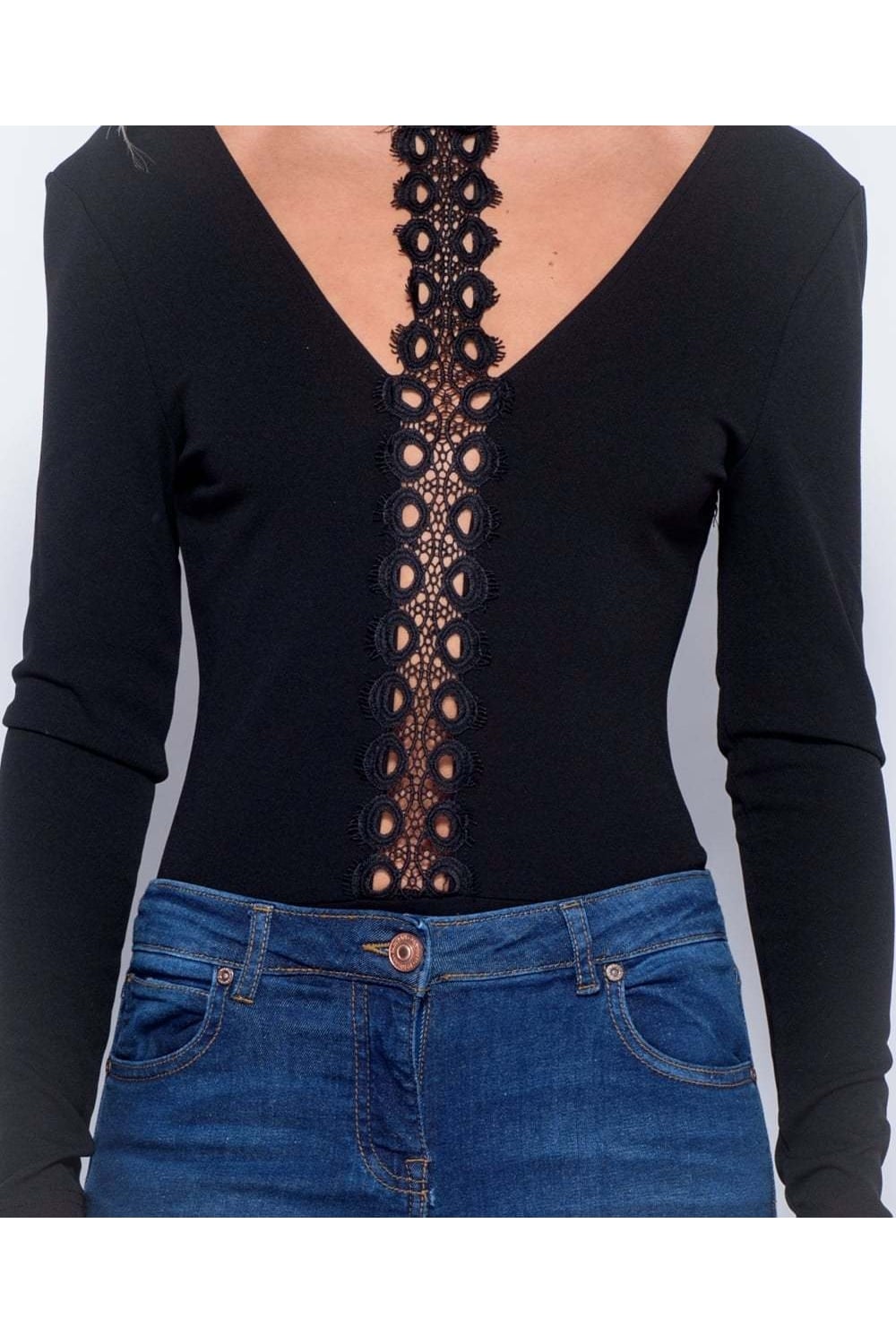 Lace Choker Deep V-Neck Bodysuit in Black - Close up material look