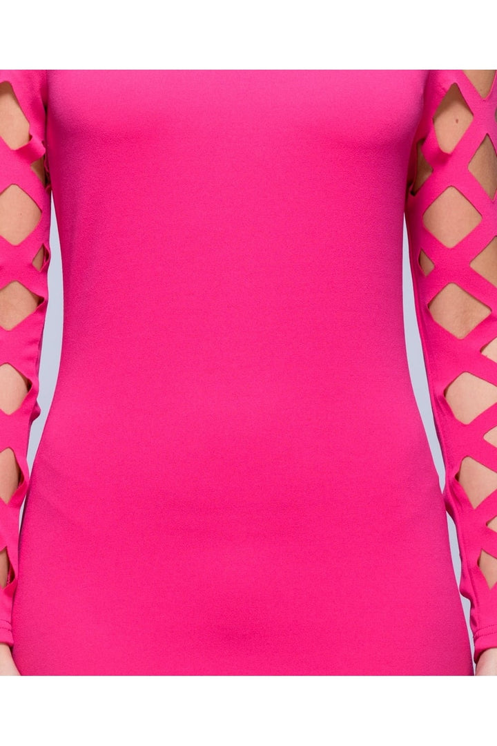 Laser Cut Full Sleeved Mini Dress in Pink - zoomed in on material 