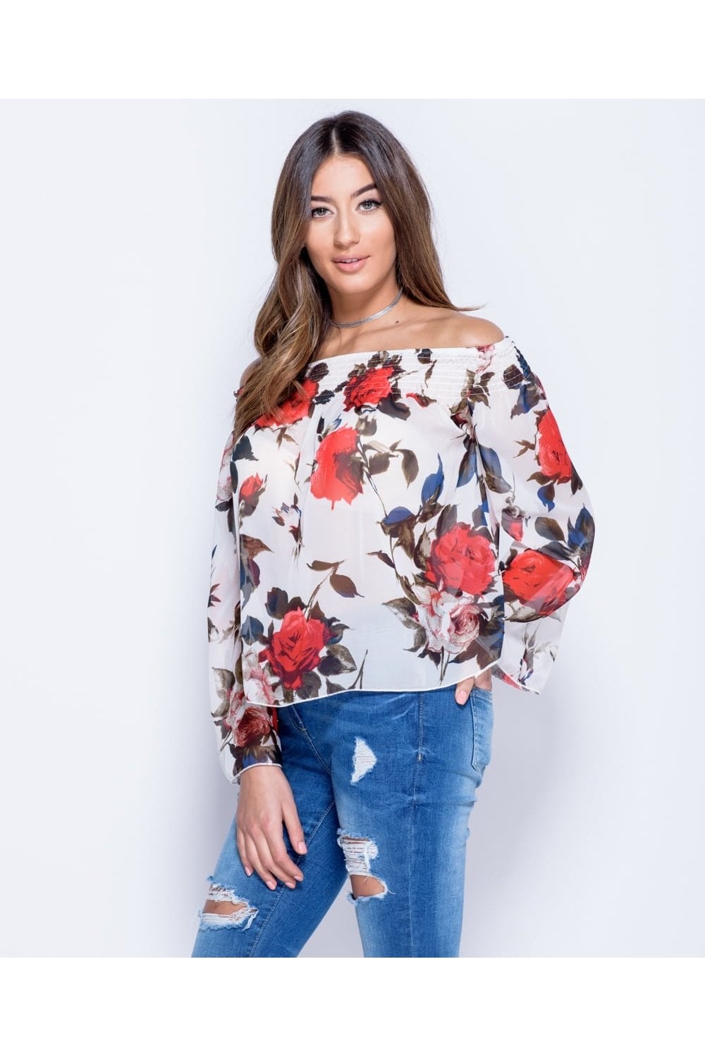 Rose Print Flare Sleeve Bardot Top in White - Close Front View