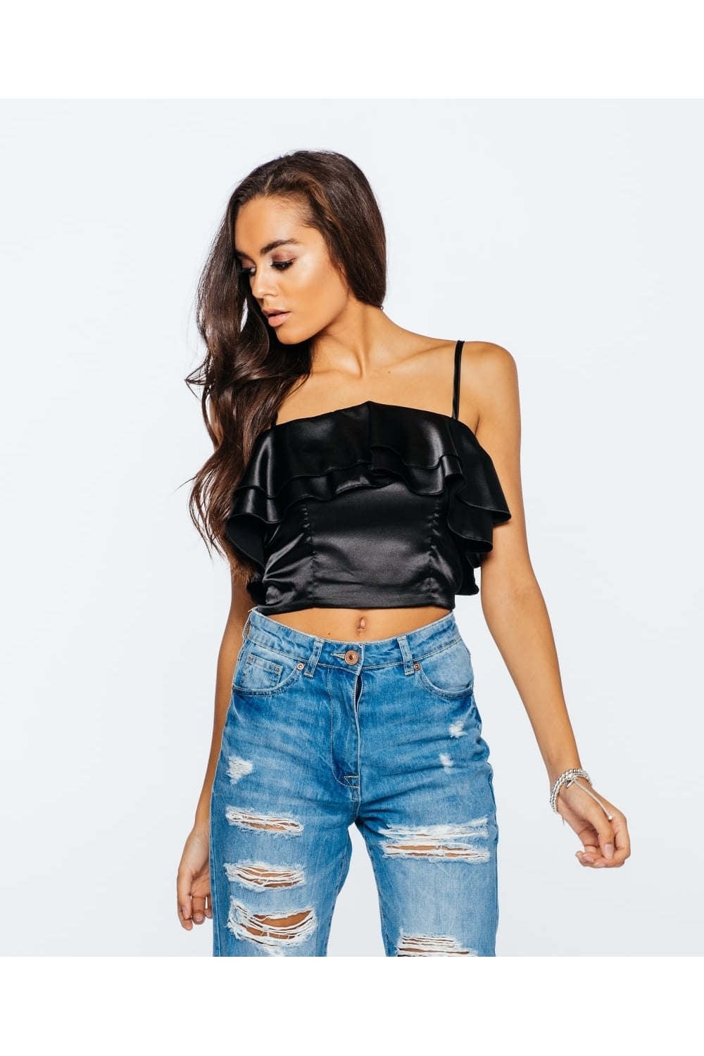Ruffled Satin Bandeau Bra-let Crop Top in Black - front on view