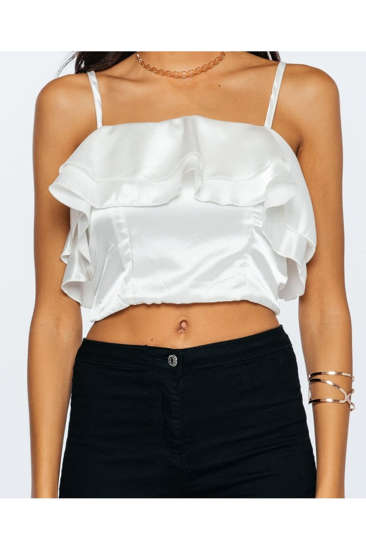 Ruffled Satin Bandeau Bra-let Crop Top in White - close up front view