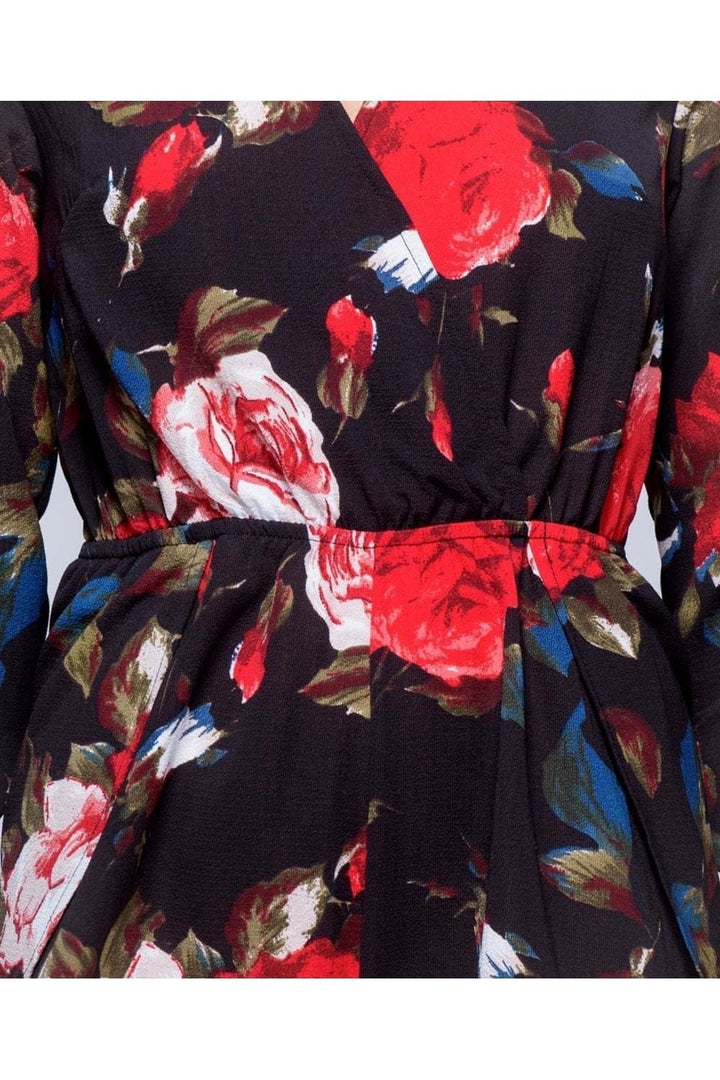 Short Sleeved Rose Print Playsuit in Black - Close Up View