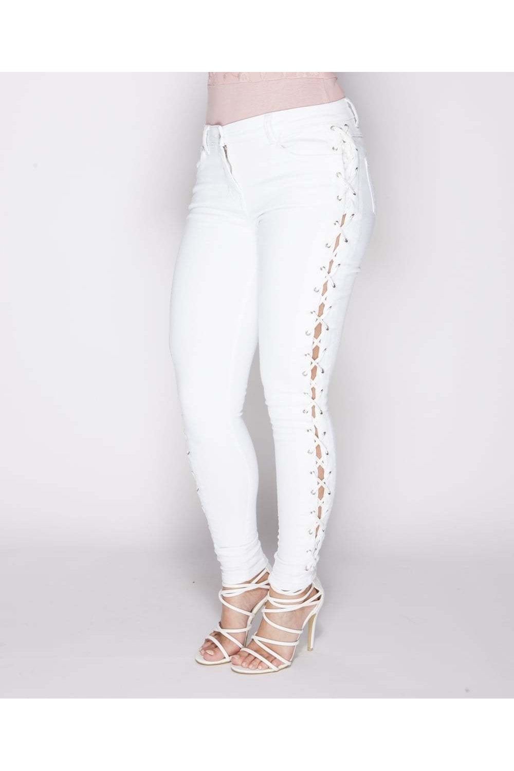White Lace-Up Skinny Jeans - Close Up of jeans
