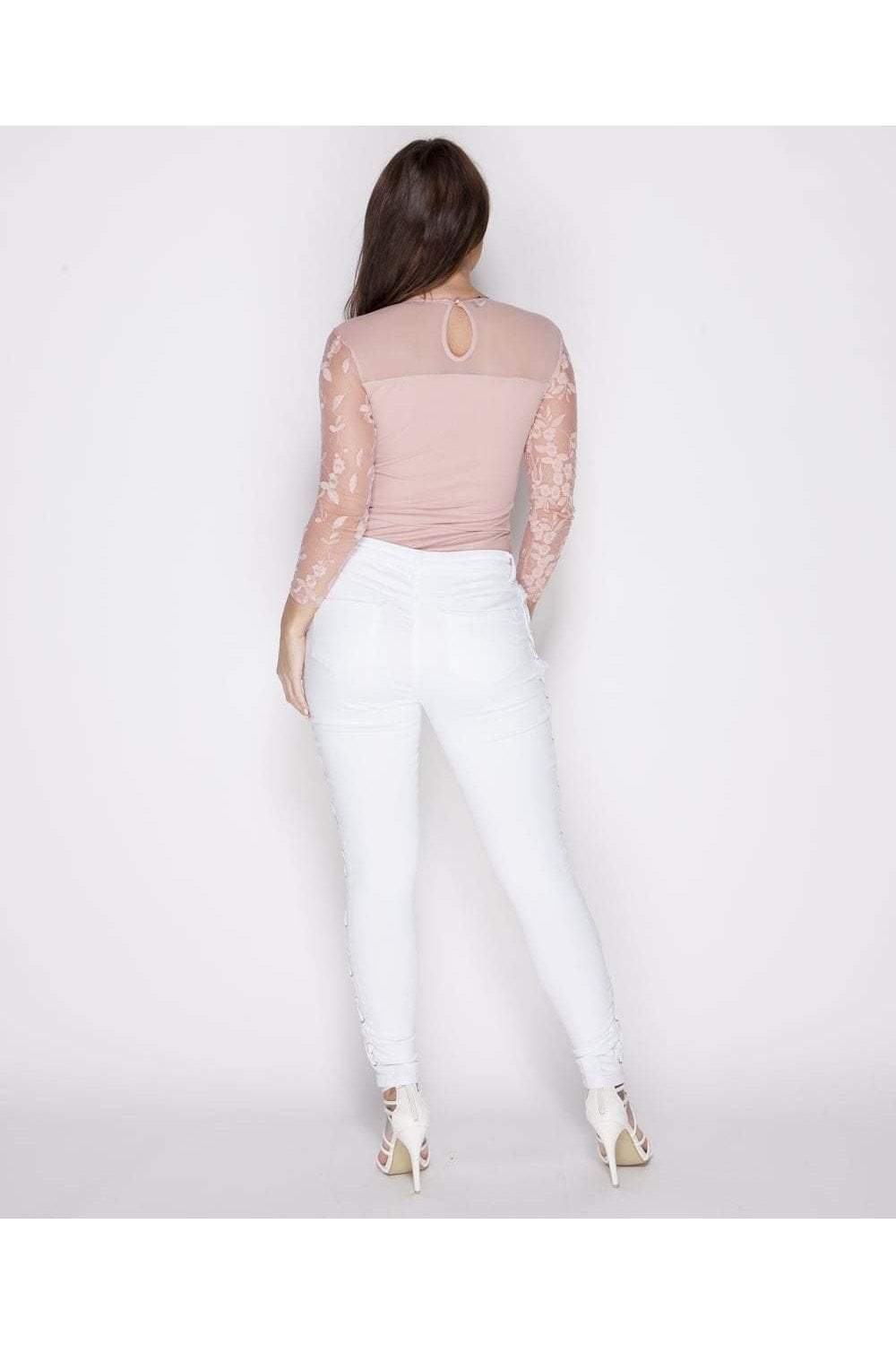 White Lace-Up Skinny Jeans - Full Back View