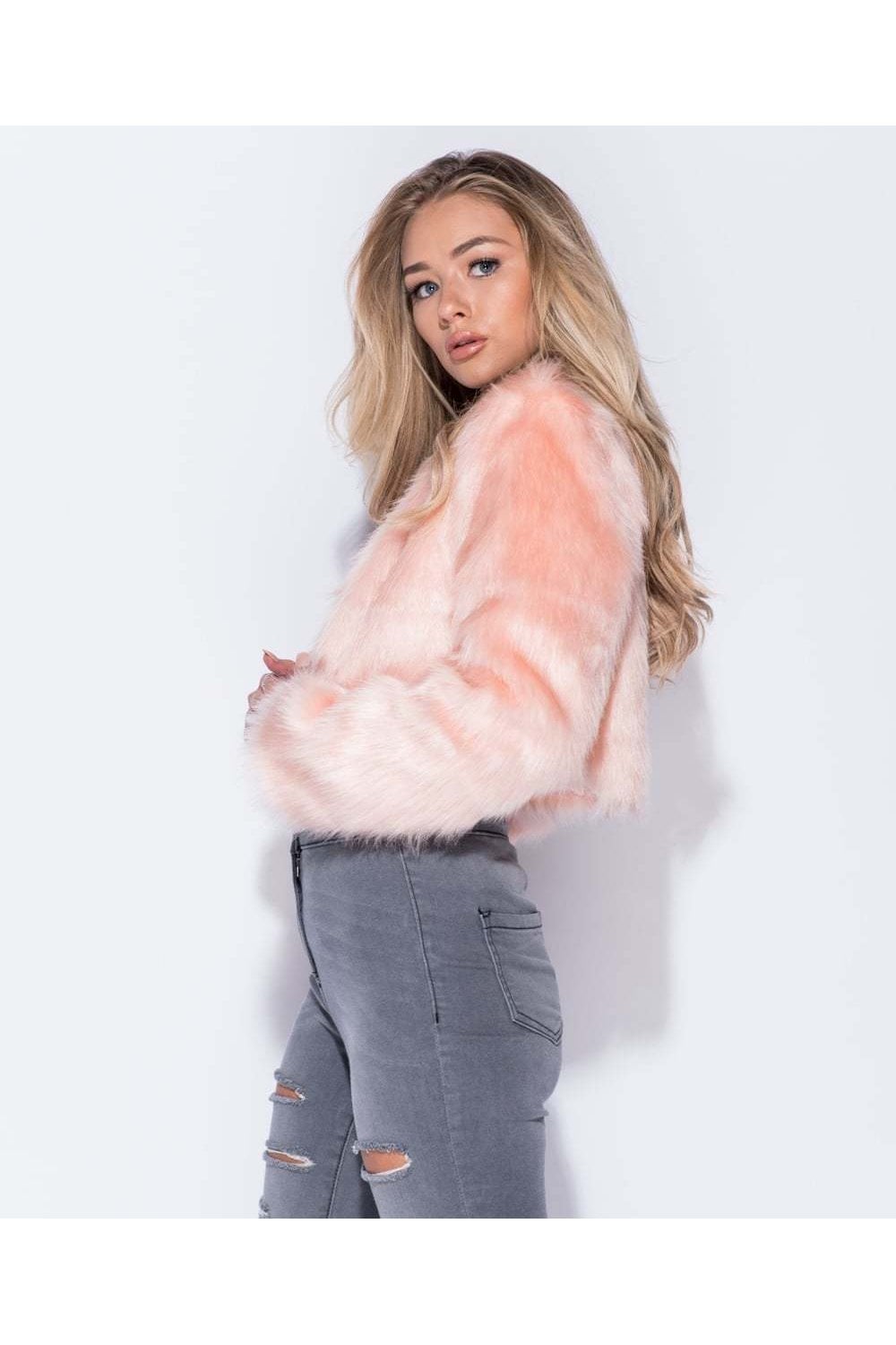 Pink Faux Fur Edge Cropped Jacket - View 3