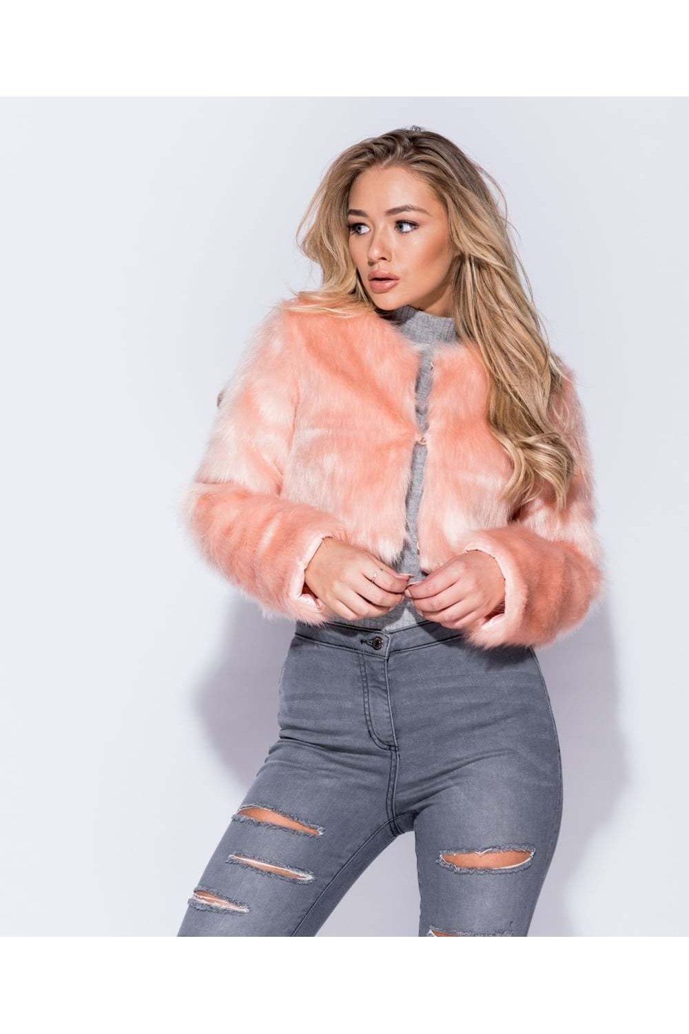 Pink Faux Fur Edge Cropped Jacket - View 2