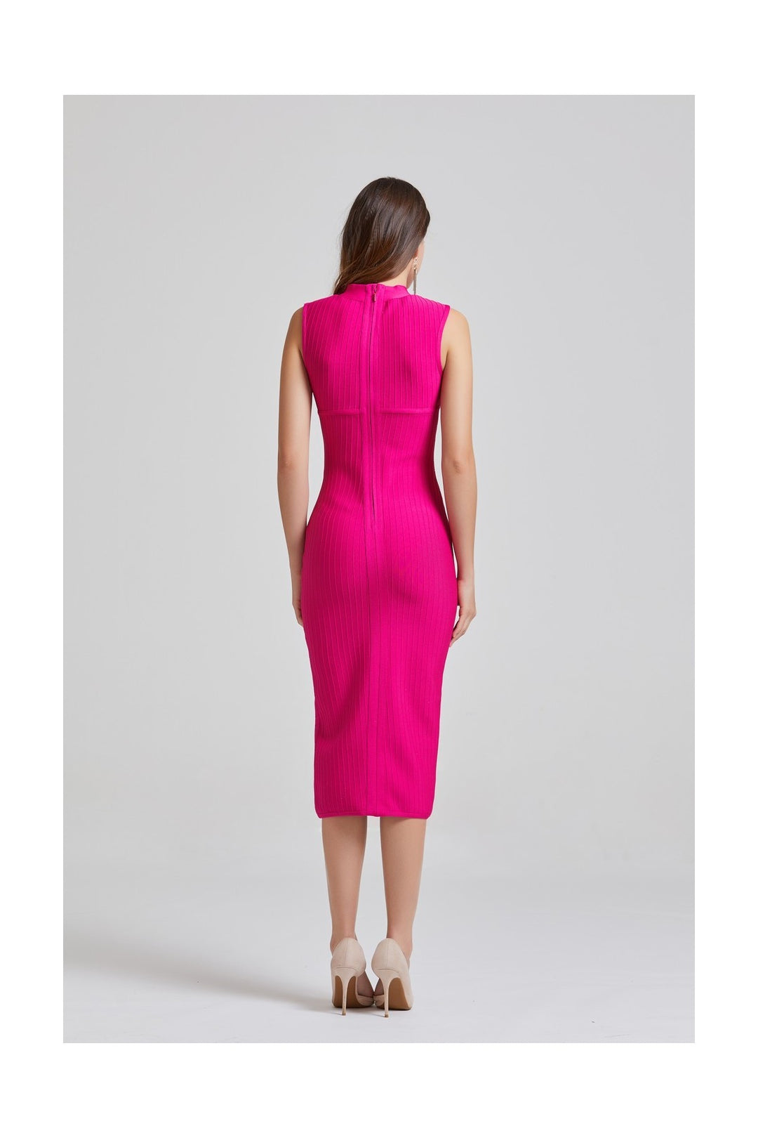 Women's Pink Bandage Bodycon Midi Party Dress - Full Back View