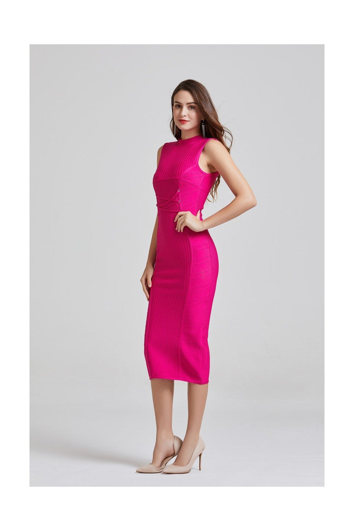 Women's Pink Bandage Bodycon Midi Party Dress - Full Side View 2