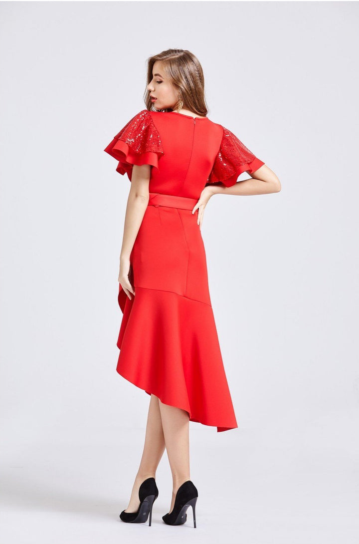 Sequin Sleeved Asymmetric Midi Belted Dress - Full Back View