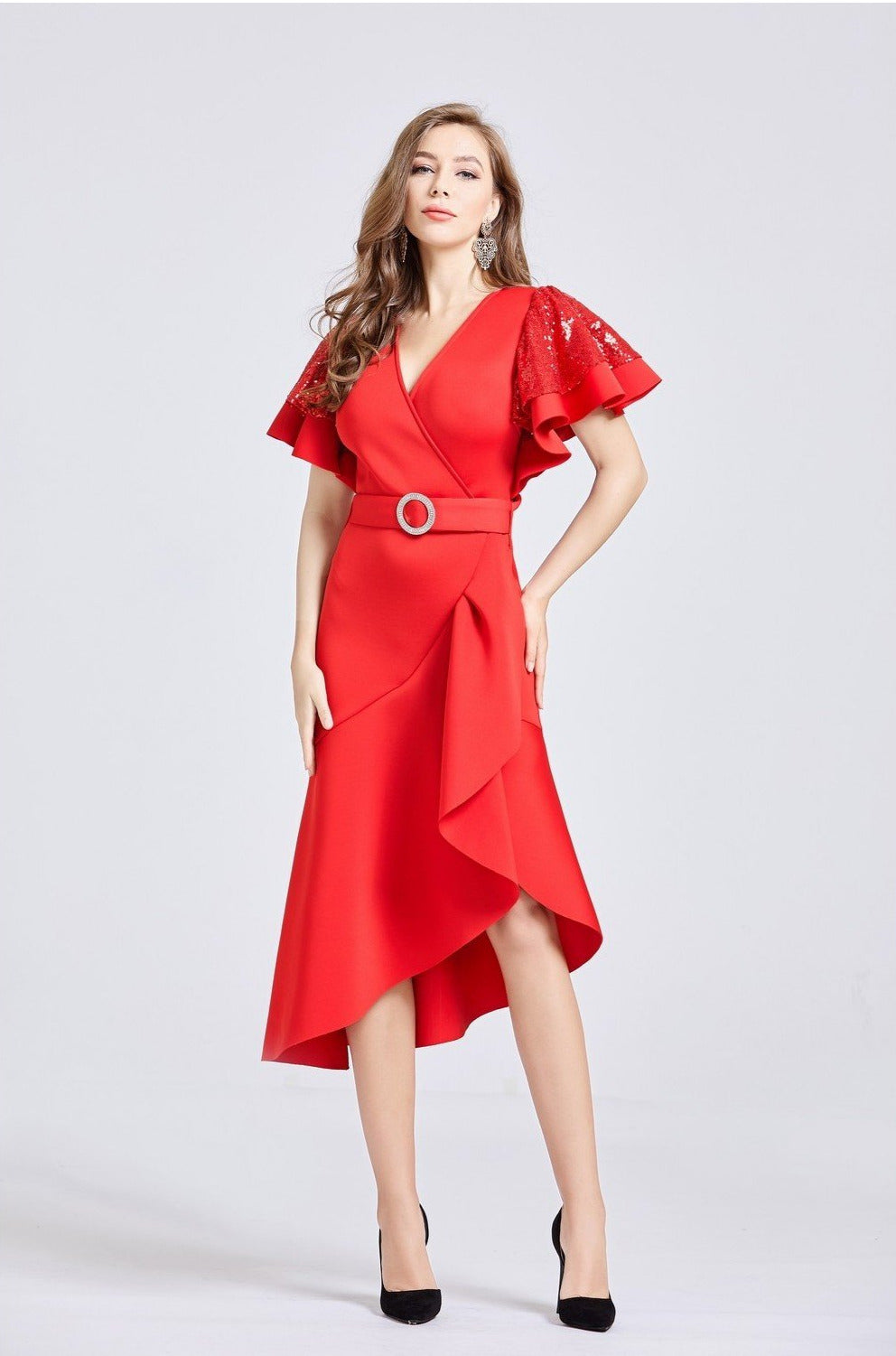 Sequin Sleeved Asymmetric Midi Belted Dress - Full Front View