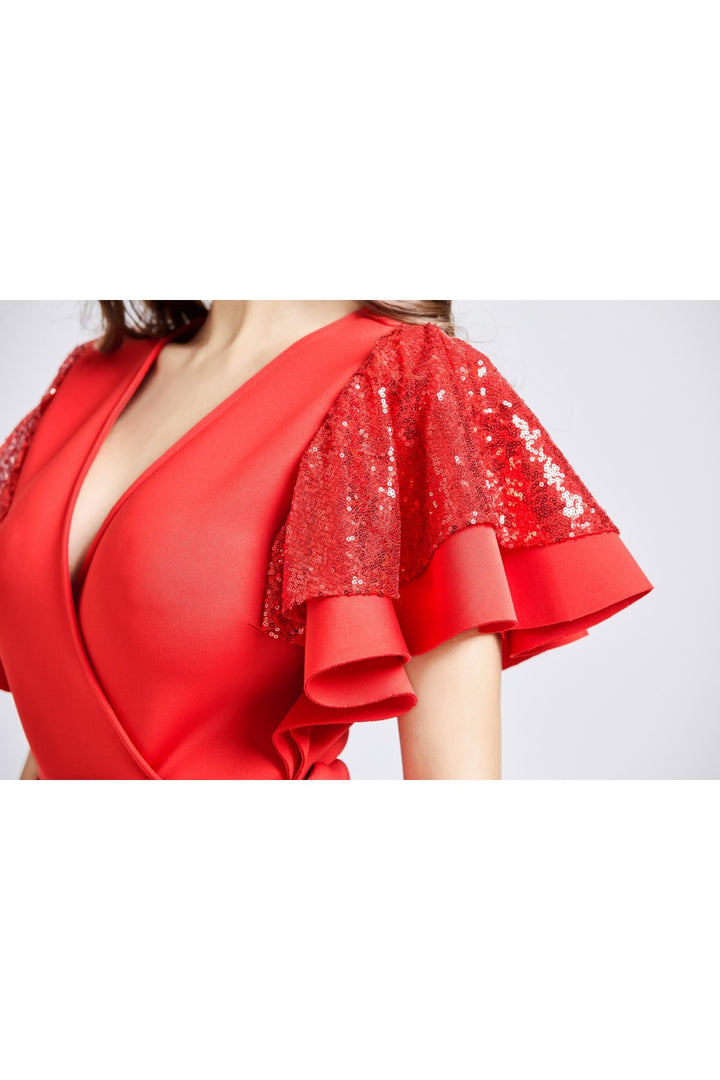 Sequin Sleeved Asymmetric Midi Belted Dress - Close Up View