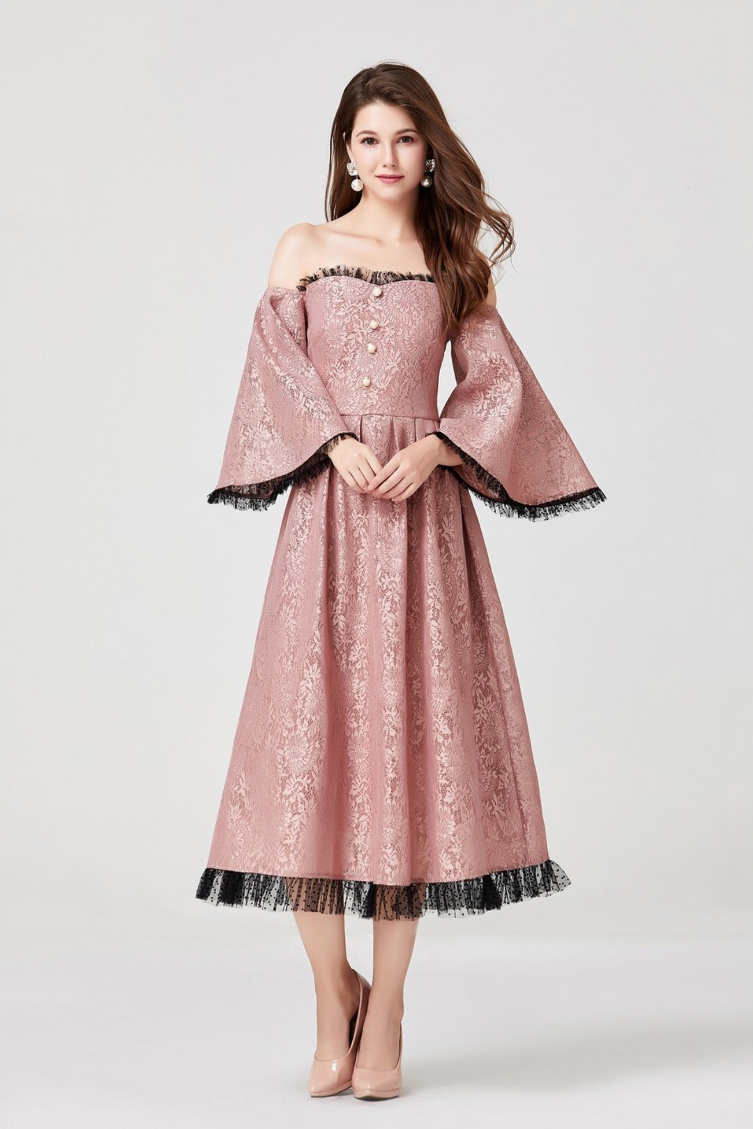 Pink Frill Off-Shoulder Midi Dress